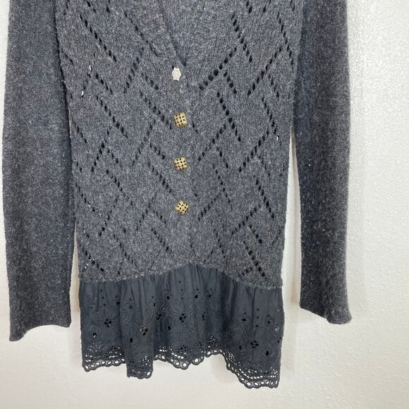Free People Dark Gray Pointelle Knit Cardigan Eyelet Peplum hem S - Picture 2 of 5